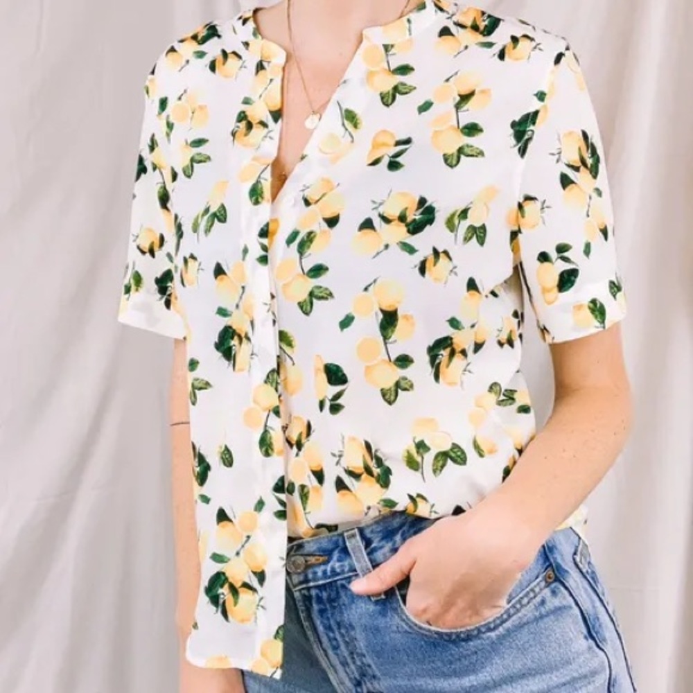 Title: Dalia Lemon Print Short Sleeve Split V-Neck Popover Blouse Large